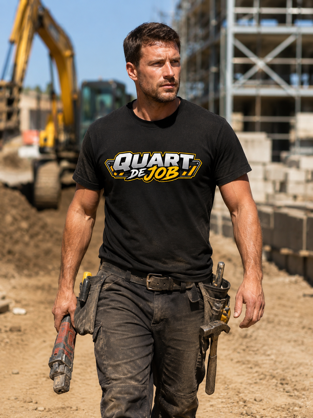 Travailleur sur un chantier portant le t-shirt noir Quart de Job